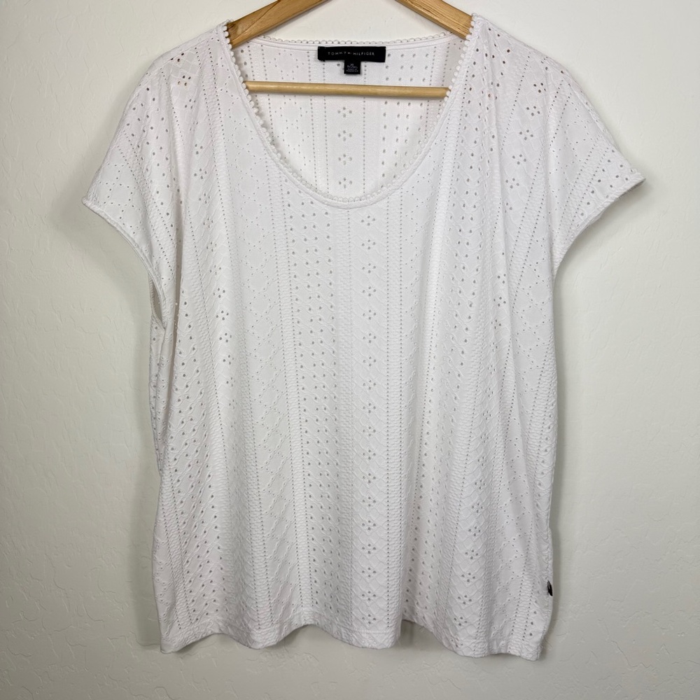 Tommy Hilfiger White Eyelet Short Sleeve Top Women's Size XL